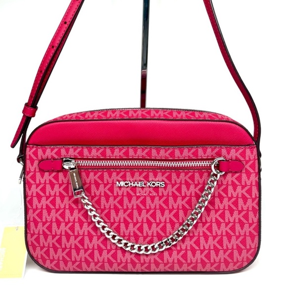 Michael Kors Large Jet Set Large Signature Logo Crossbody Bag - Dark Raspberry - Picture 2 of 10